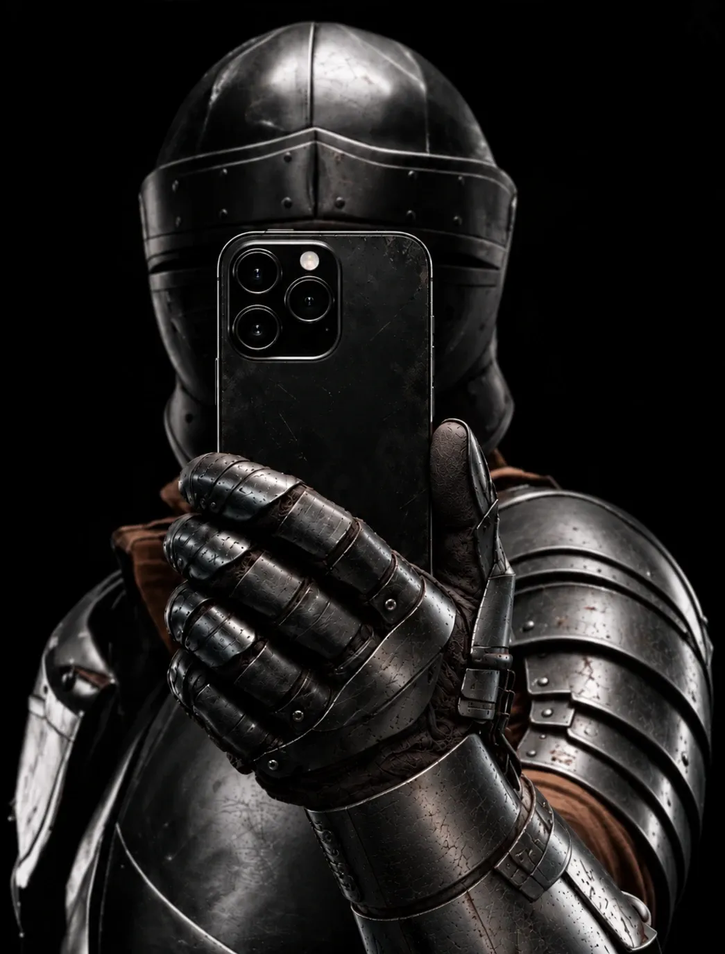 A knight in armour holding up an iPhone