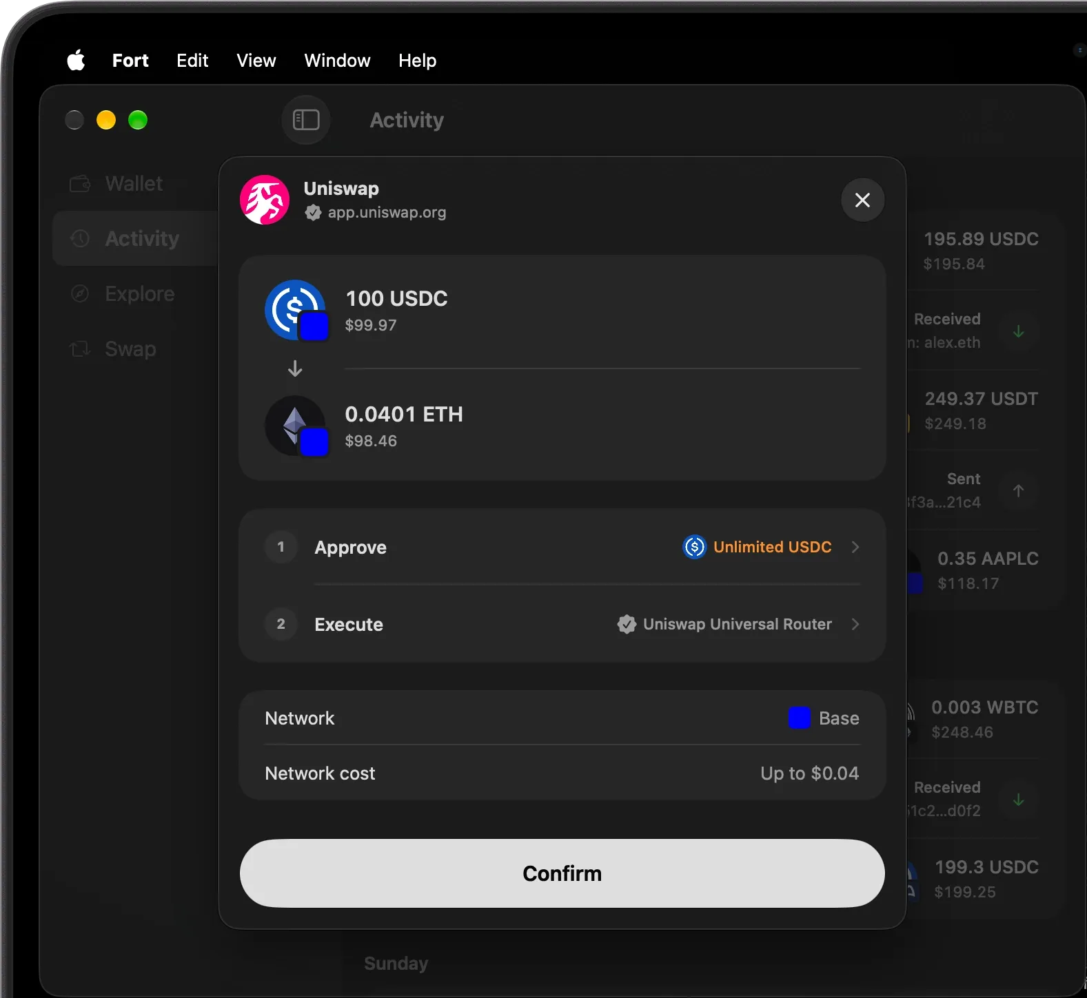 Fort on a Mac, asking to approve a Uniswap swap from the browser